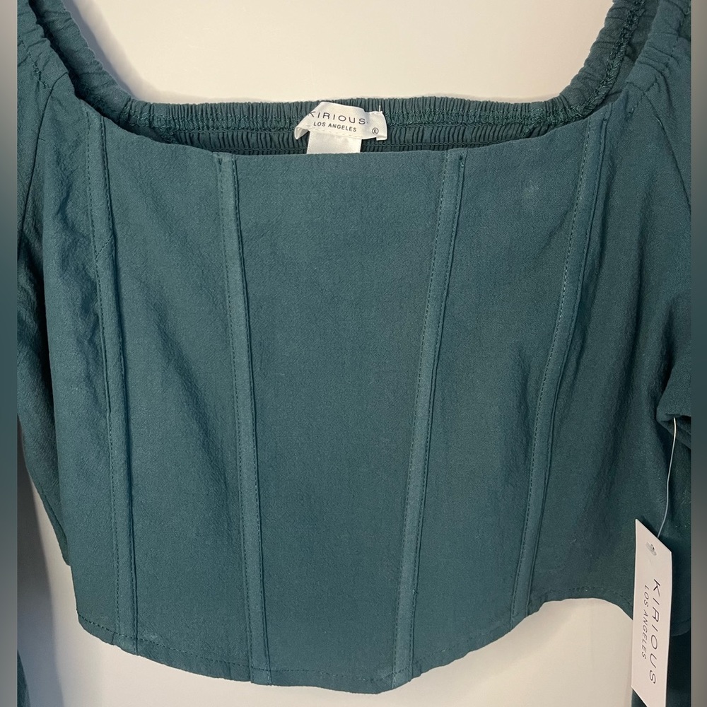 Kirious Long Sleeve 100% Textured Washed Cotton Crop Top - Teal - Picture 4 of 10